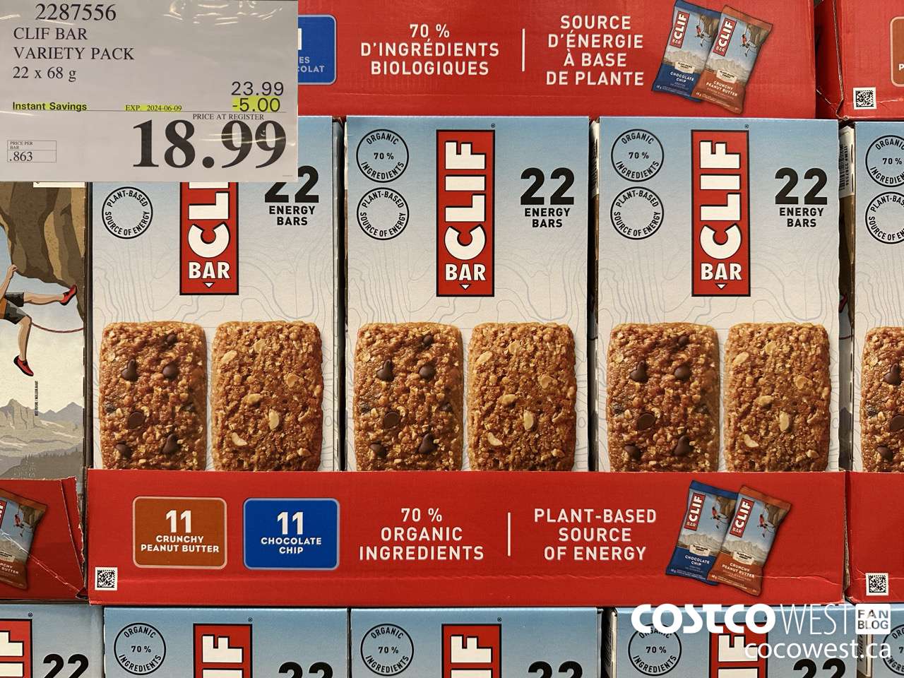 2287556 CLIF BAR VARIETY PACK 22 x 68 g ($5.00 INSTANT SAVINGS EXPIRES ON 2024-06-09) $18.99