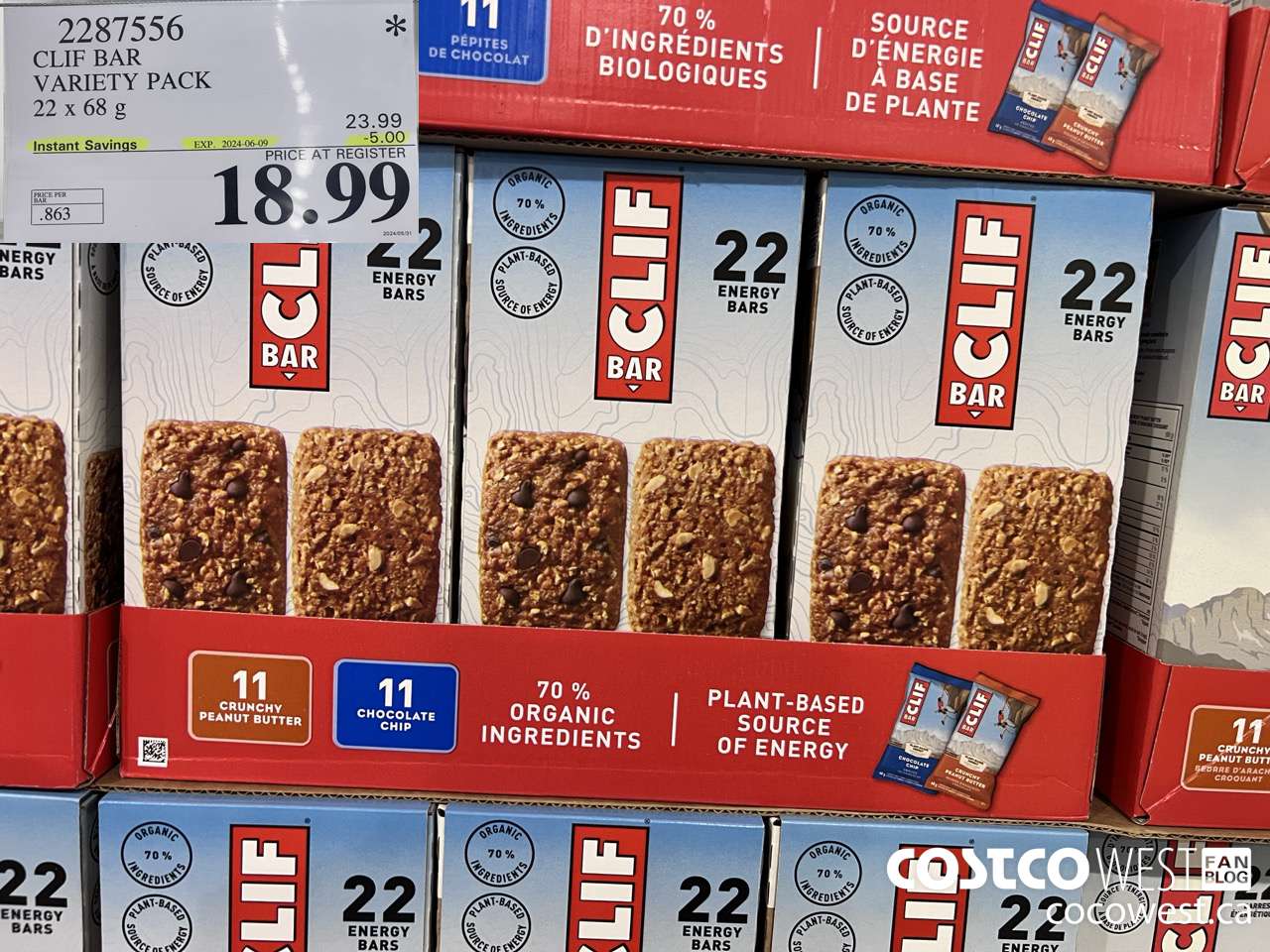 2287556 CLIF BAR VARIETY PACK 22 x 68 g ($5.00 INSTANT SAVINGS EXPIRES ON 2024-06-09) $18.99