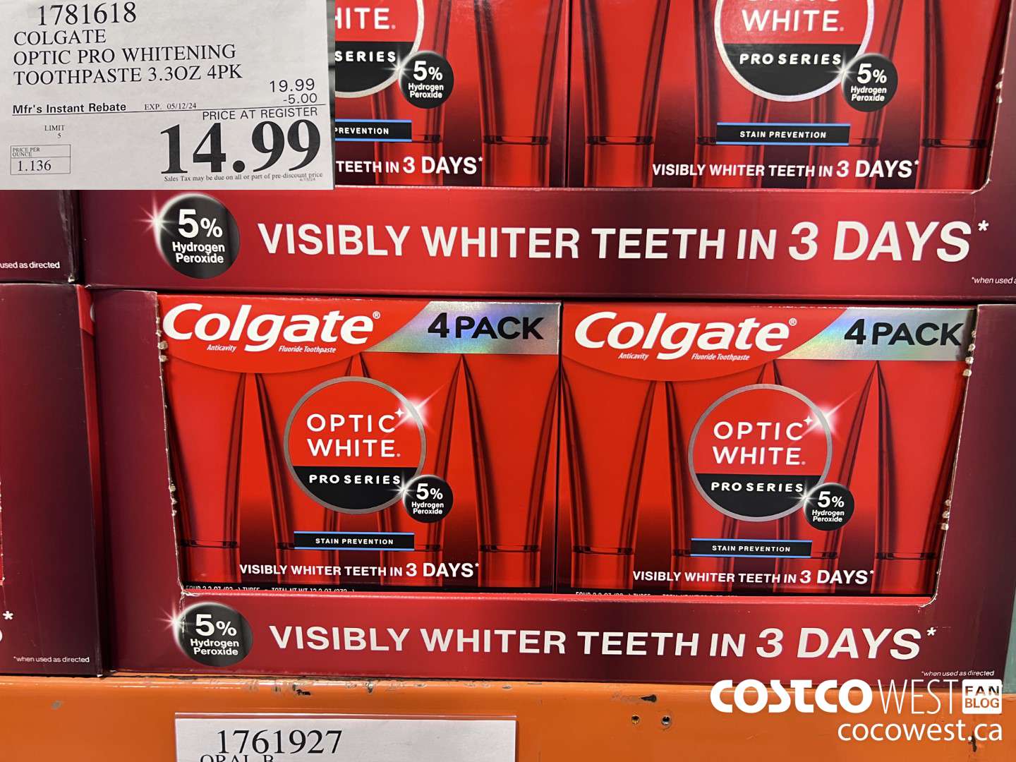 1781618 COLGATE OPTIC PRO WHITENING TOOTHPASTE 3.3OZ 4PK ($5.00 INSTANT SAVINGS EXPIRES ON 2024-05-12) $14.99