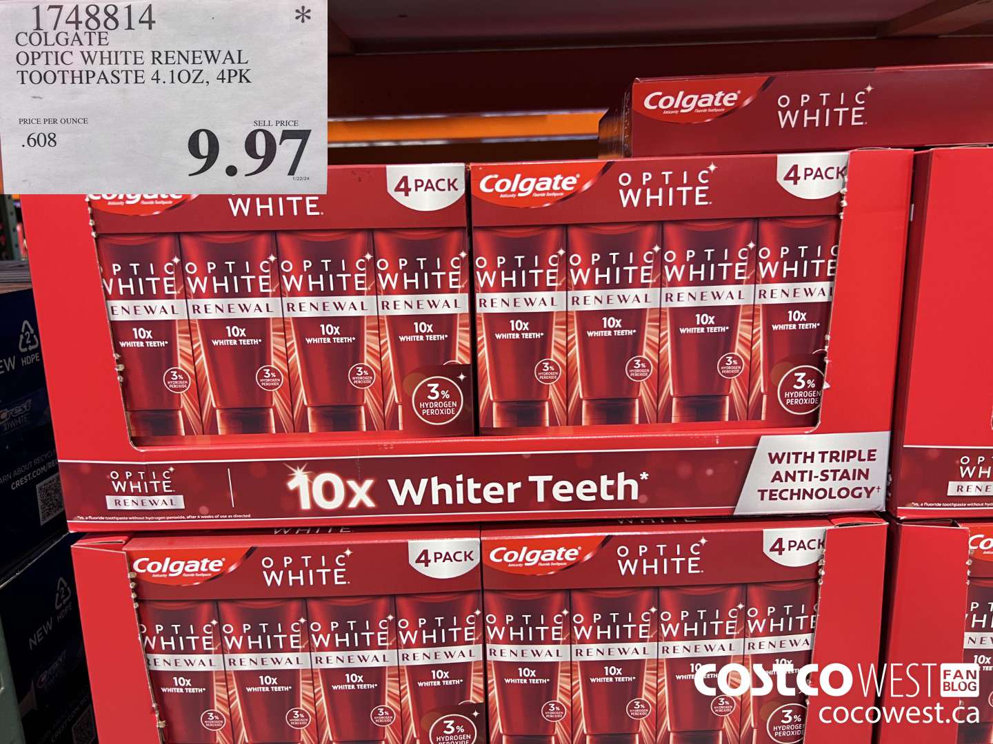 1748814 COLGATE OPTIC WHITE RENEWAL TOOTHPASTE 4.1 OZ 4PK $9.97