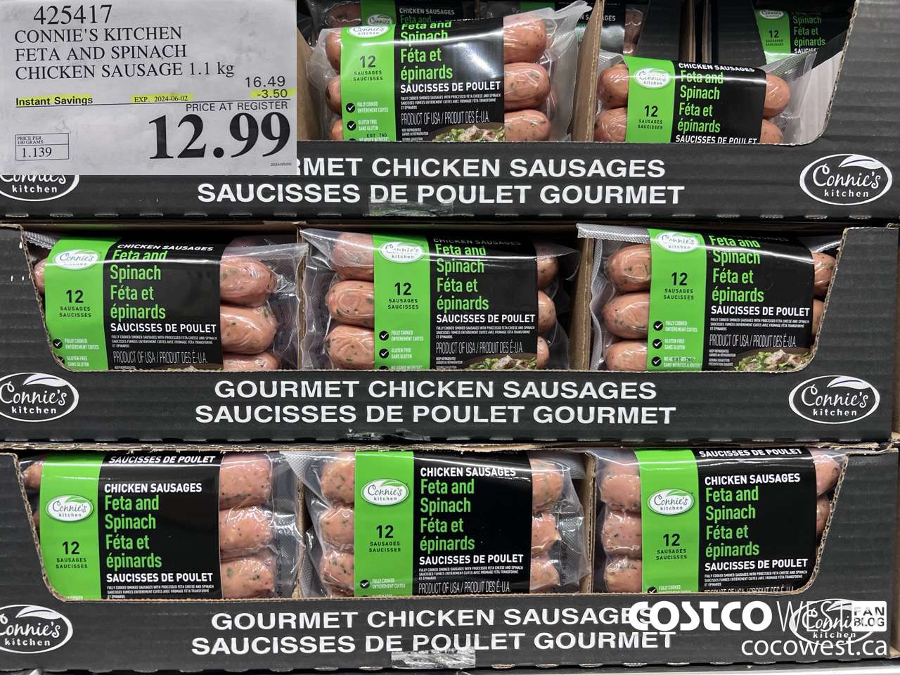425417 CONNIE'S KITCHEN FETA AND SPINACH CHICKEN SAUSAGE 1.1 kg ($3.50 INSTANT SAVINGS EXPIRES ON 2024-06-02) $12.99