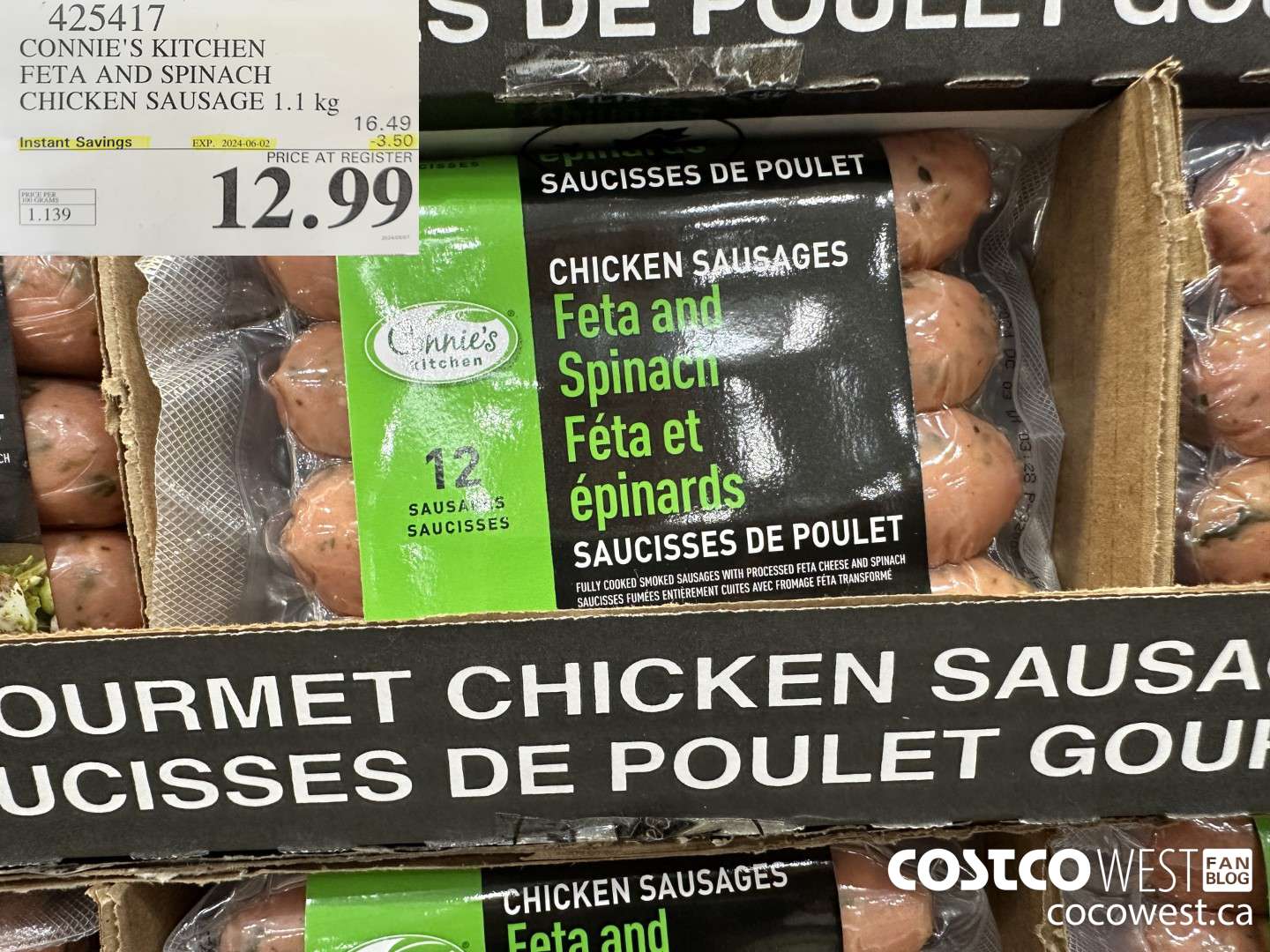 425417 CONNIE'S KITCHEN FETA AND SPINACH CHICKEN SAUSAGE 1.1 kg ($3.50 INSTANT SAVINGS EXPIRES ON 2024-06-02) $12.99