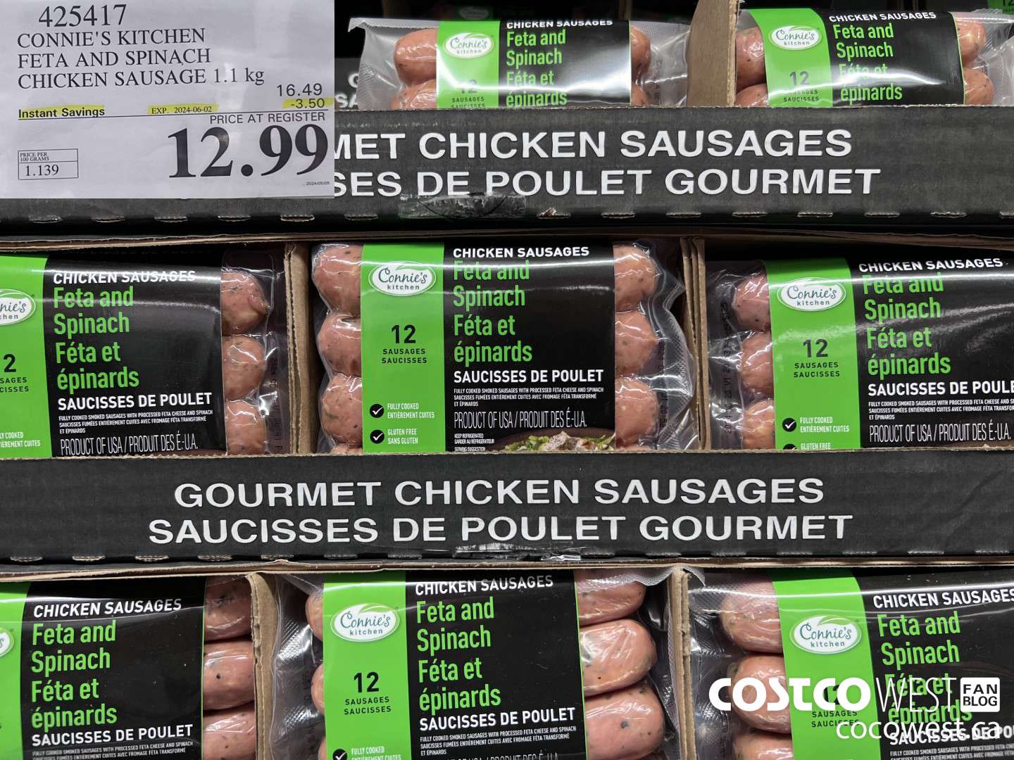 425417 CONNIE'S KITCHEN FETA AND SPINACH CHICKEN SAUSAGE 1.1 kg ($3.50 INSTANT SAVINGS EXPIRES ON 2024-06-02) $12.99