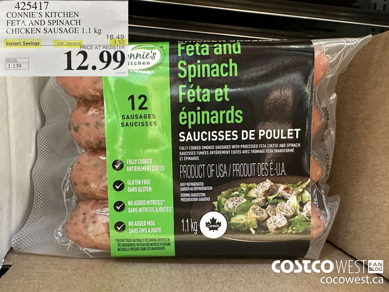 425417 CONNIE'S KITCHEN FETA AND SPINACH CHICKEN SAUSAGE 1.1 kg ($3.50 INSTANT SAVINGS EXPIRES ON 2024-06-02) $12.99