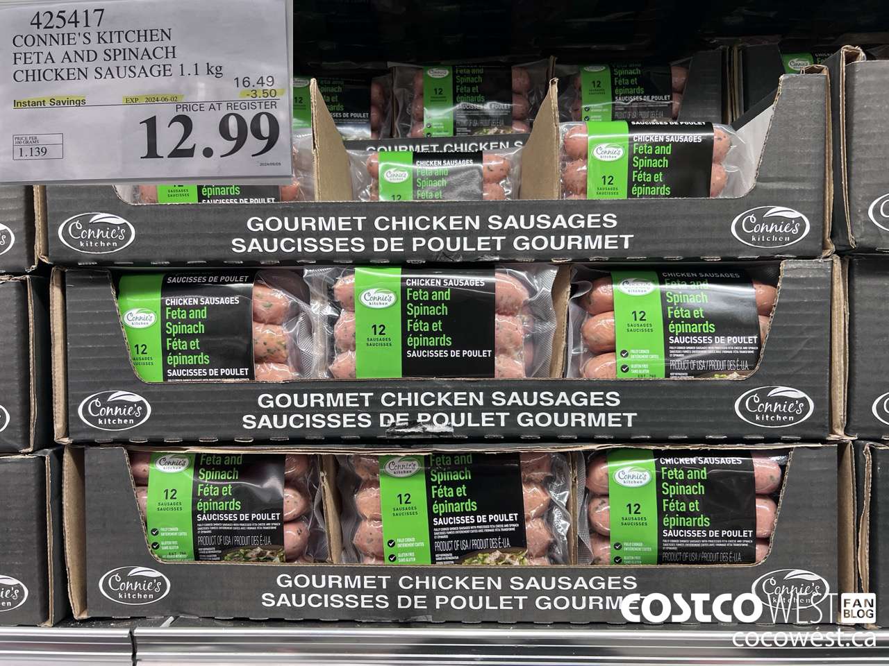 425417 CONNIE'S KITCHEN FETA AND SPINACH CHICKEN SAUSAGE 1.1 kg ($3.50 INSTANT SAVINGS EXPIRES ON 2024-06-02) $12.99