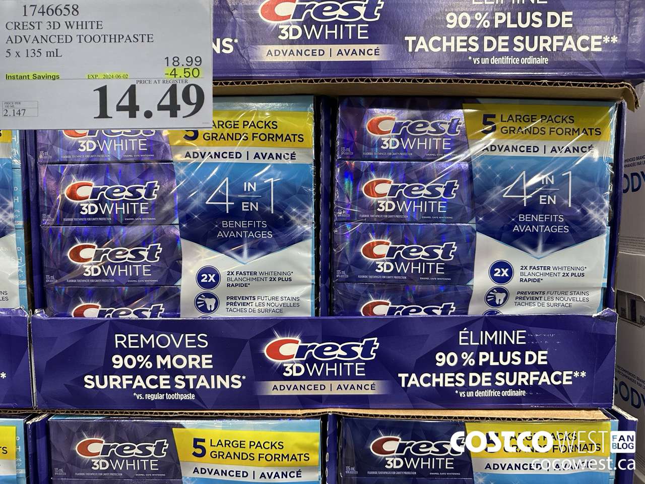 1746658 CREST 3D WHITE ADVANCED TOOTHPASTE 5 X 135ML ($4.50 INSTANT SAVINGS EXPIRES ON 2024-06-02) $14.49