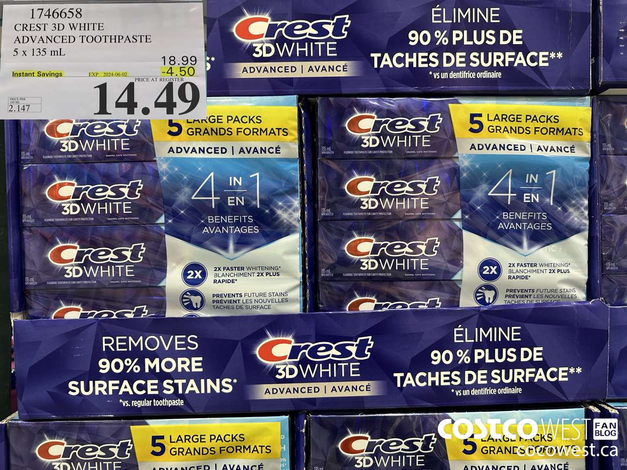 1746658 CREST 3D WHITE ADVANCED TOOTHPASTE 5 X 135ML ($4.50 INSTANT SAVINGS EXPIRES ON 2024-06-02) $14.49