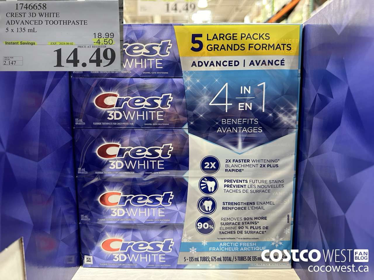 1746658 CREST 3D WHITE ADVANCED TOOTHPASTE 5 X 135ML ($4.50 INSTANT SAVINGS EXPIRES ON 2024-06-02) $14.49