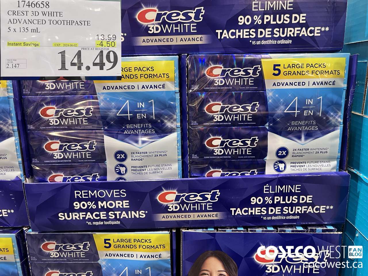 1746658 CREST 3D WHITE ADVANCED TOOTHPASTE 5 X 135ML ($4.50 INSTANT SAVINGS EXPIRES ON 2024-06-02) $14.49
