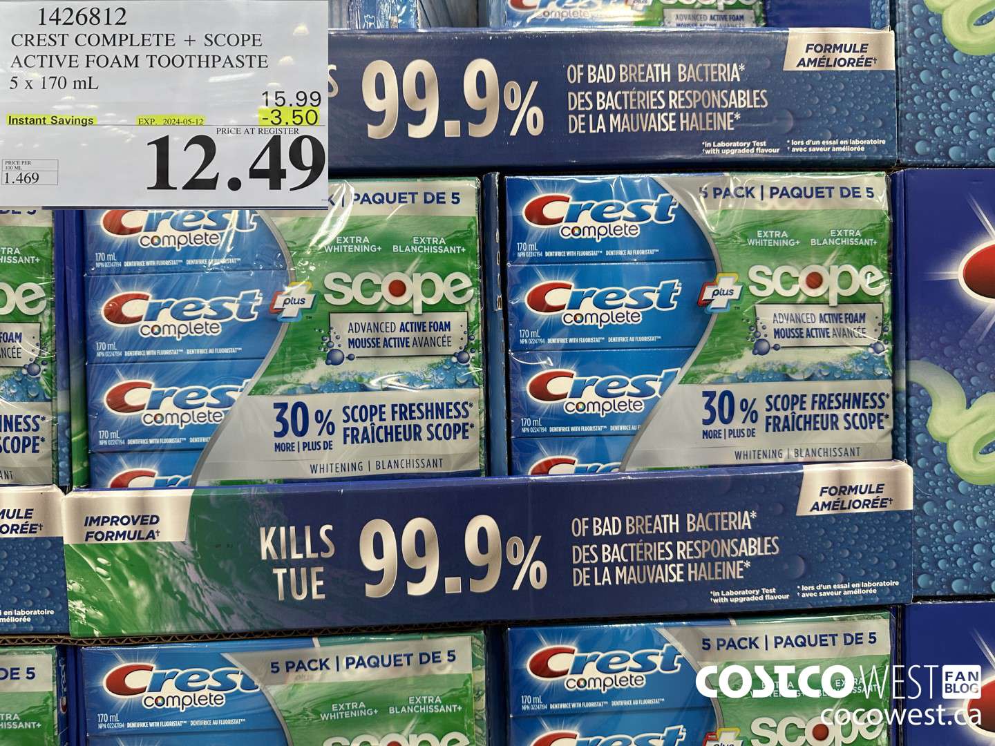 1426812 CREST COMPLETE + SCOPE ACTIVE FOAM TOOTHPASTE 5 x 170ml  ($3.50 INSTANT SAVINGS EXPIRES ON 2024-05-12) $12.49