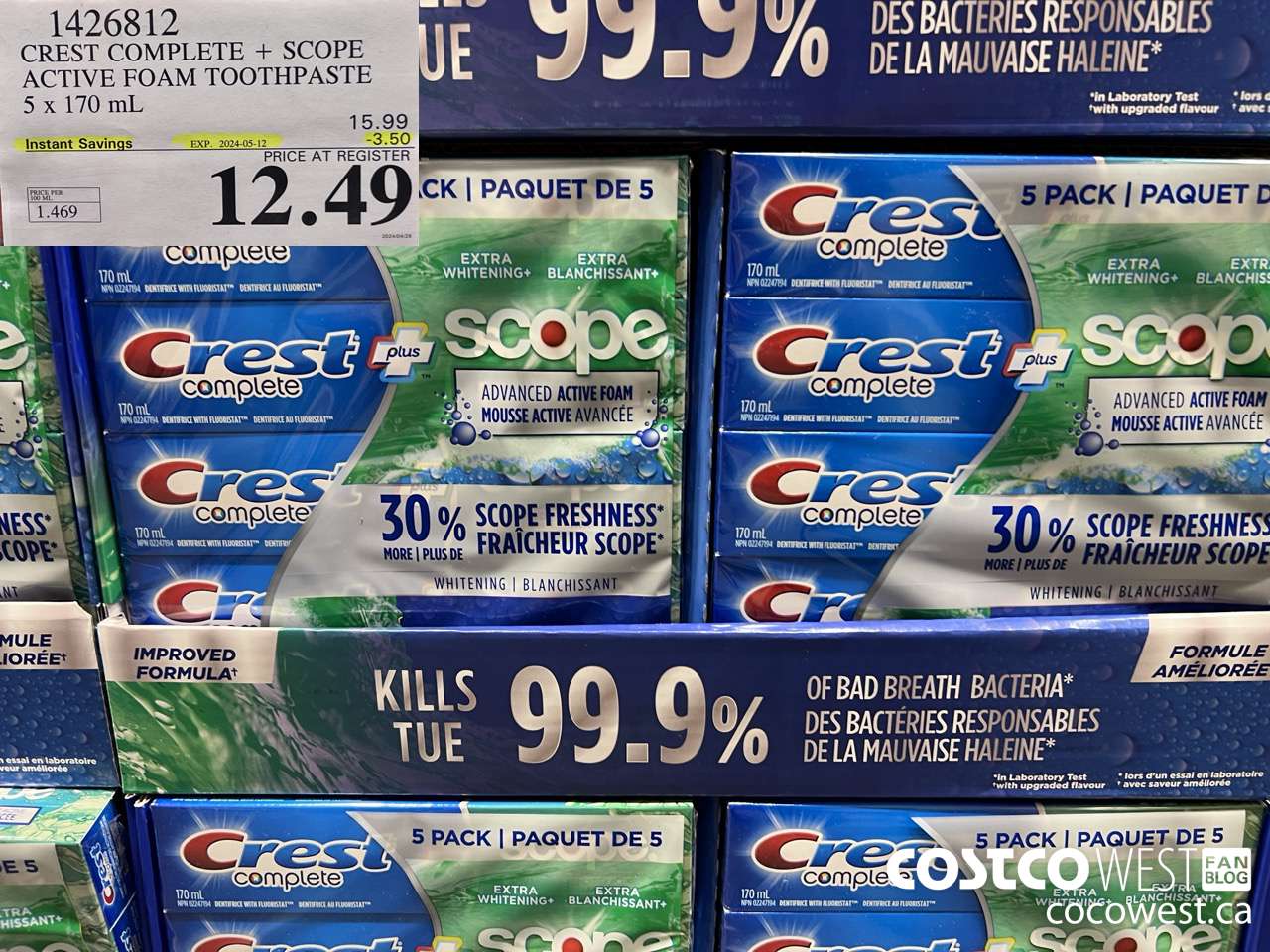 1426812 CREST COMPLETE + SCOPE ACTIVE FOAM TOOTHPASTE 5 x 170ml  ($3.50 INSTANT SAVINGS EXPIRES ON 2024-05-12) $12.49