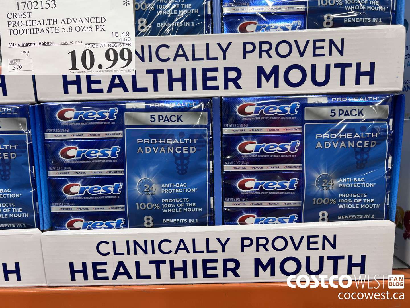 1702153 CREST PRO-HEALTH ADVANCED TOOTHPASTE 5.8 OZ/5 PK ($4.50 INSTANT SAVINGS EXPIRES ON 2024-05-12) $10.99