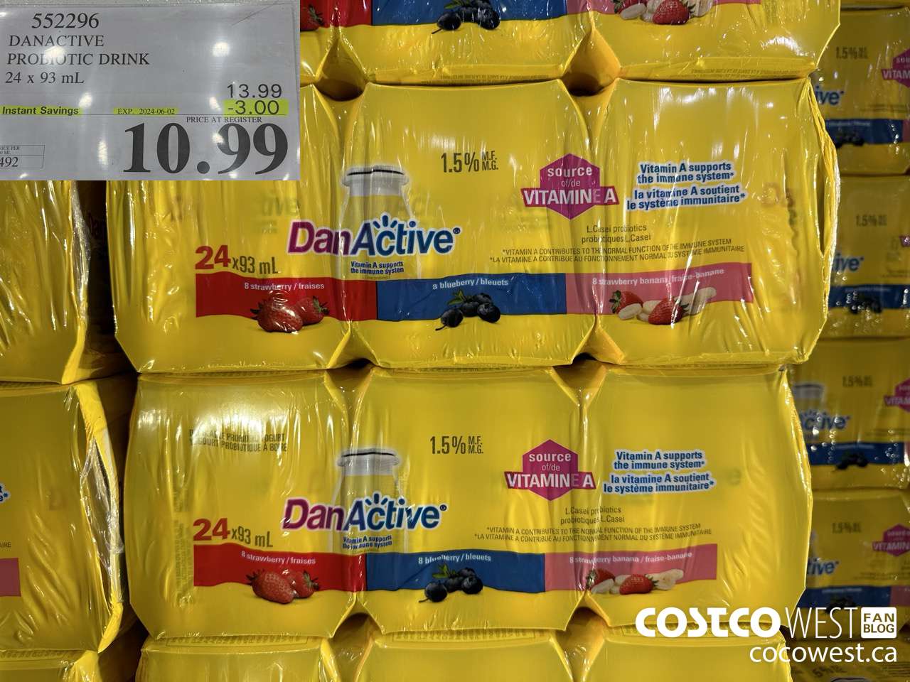 552296 DANACTIVE PROBIOTIC DRINK 24 x 93 mL ($3.00 INSTANT SAVINGS EXPIRES ON 2024-06-02) $10.99