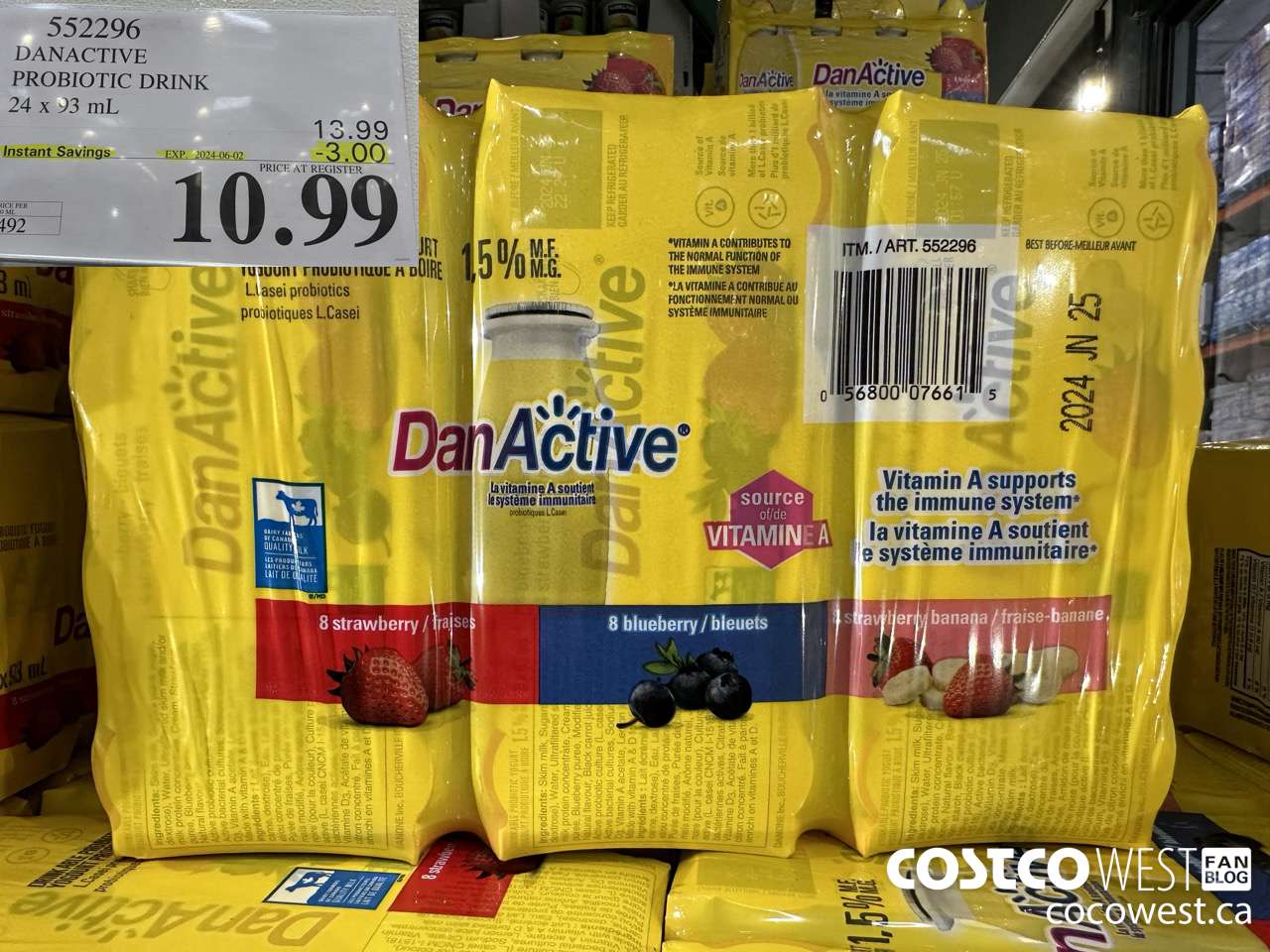 552296 DANACTIVE PROBIOTIC DRINK 24 x 93 mL ($3.00 INSTANT SAVINGS EXPIRES ON 2024-06-02) $10.99