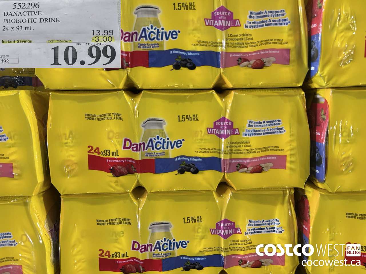 552296 DANACTIVE PROBIOTIC DRINK 24 x 93 mL ($3.00 INSTANT SAVINGS EXPIRES ON 2024-06-02) $10.99