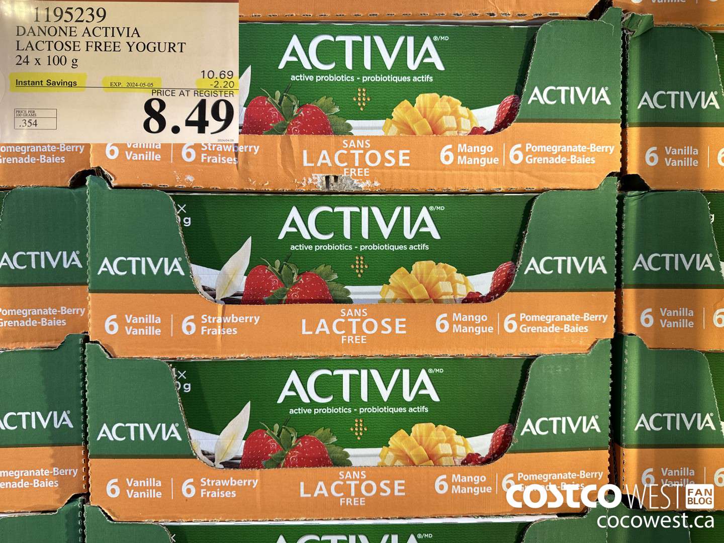 1195239 DANONE ACTIVIA LACTOSE FREE YOGURT 24 x 100 g ($2.20 INSTANT SAVINGS EXPIRES ON 2024-05-05) $8.49