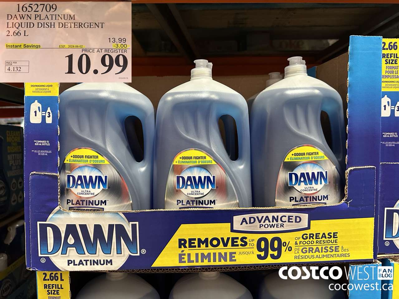 1652709 DAWN PLATINUM LIQUID DISH DETERGENT 2.66L ($3.00 INSTANT SAVINGS EXPIRES ON 2024-06-02) $10.99
