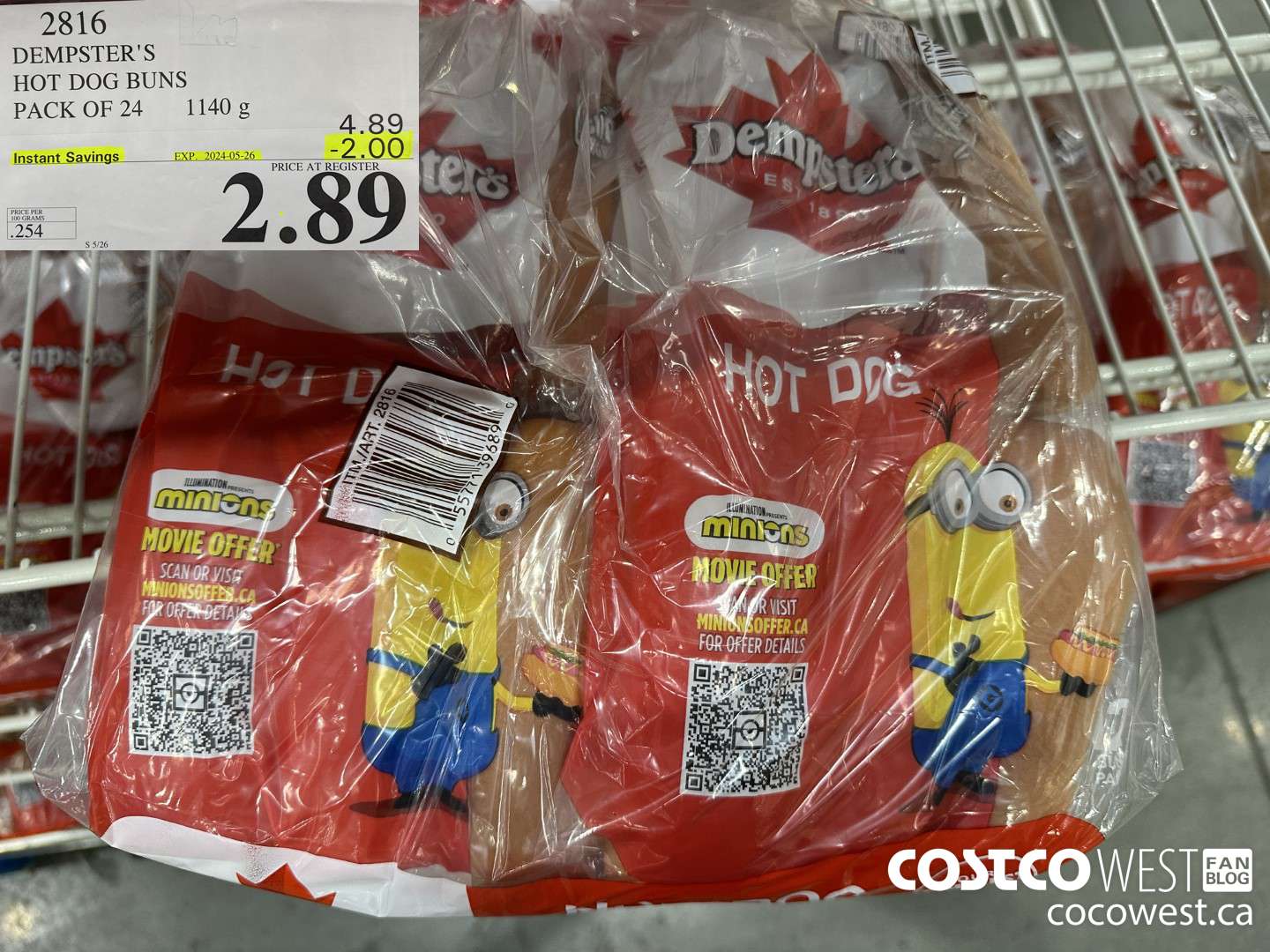 2816 DEMPSTER'S HOT DOG BUNS PACK OF 24 X 41G ($2.00 INSTANT SAVINGS EXPIRES ON 2023-05-26) $2.89