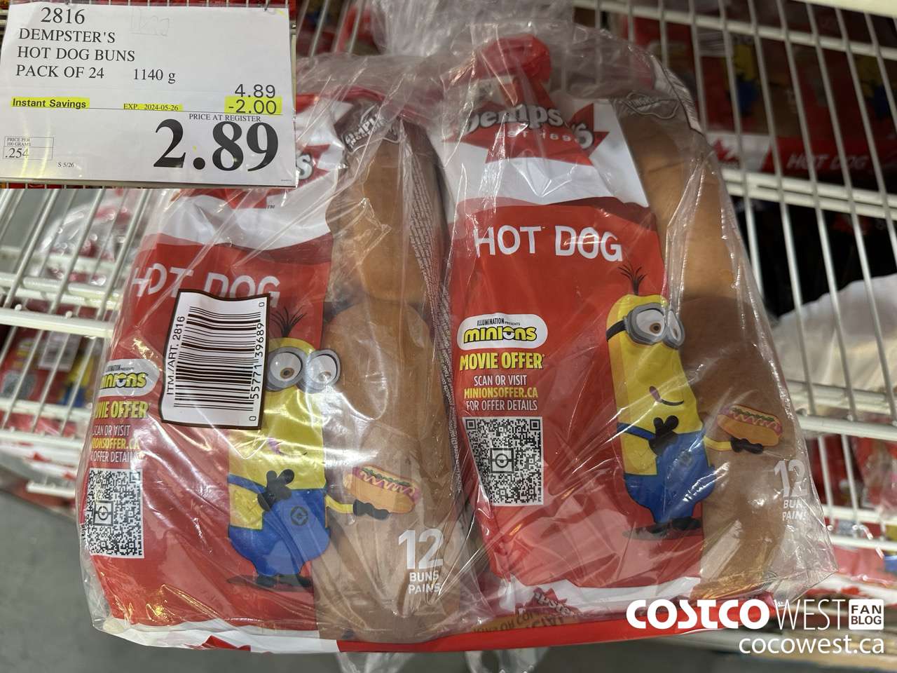 2816 DEMPSTER'S HOT DOG BUNS PACK OF 24 X 41G ($2.00 INSTANT SAVINGS EXPIRES ON 2023-05-26) $2.89
