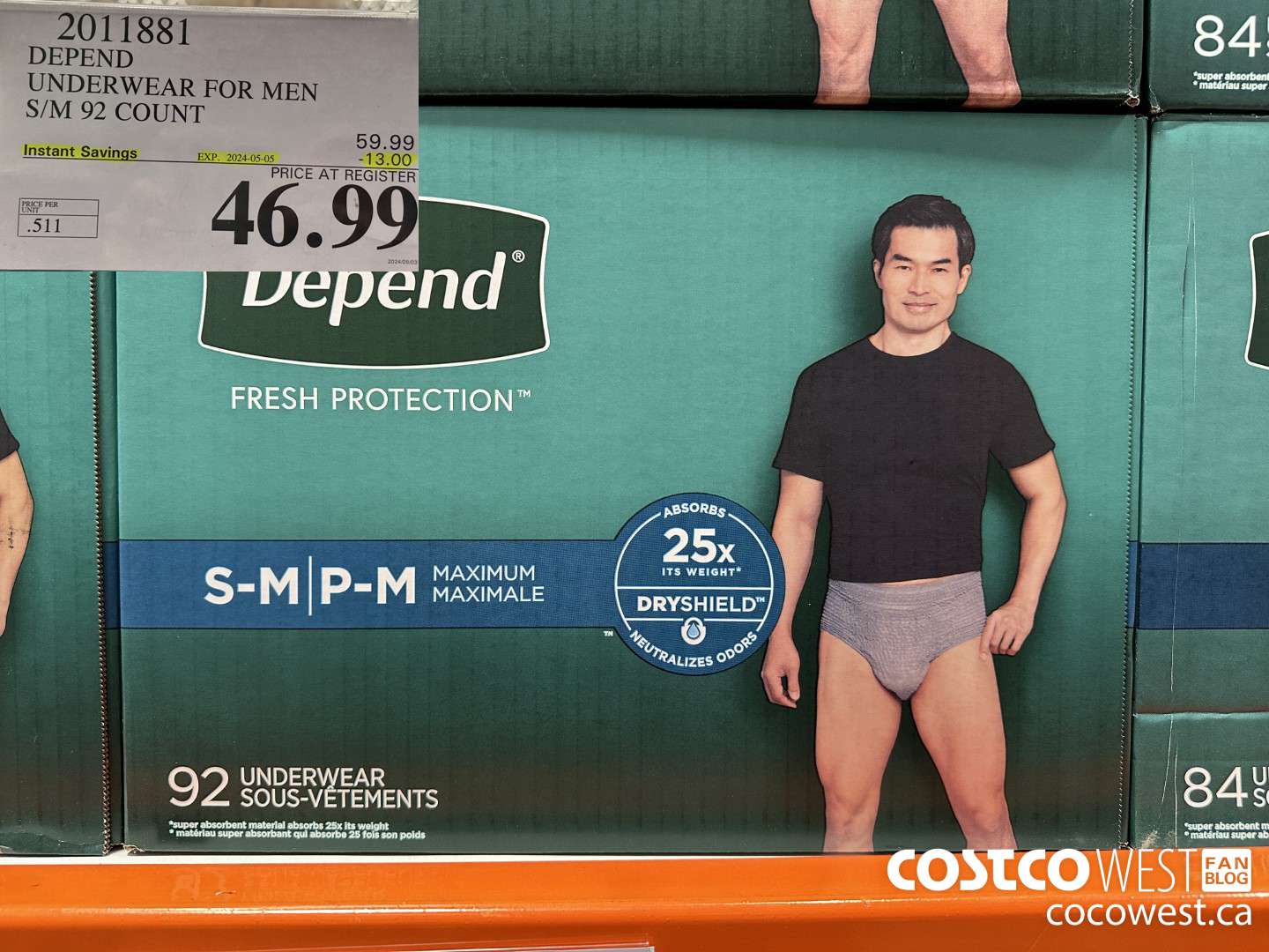 2011881 DEPEND UNDERWEAR FOR MEN S/M 92 COUNT ($13.00 INSTANT SAVINGS EXPIRES ON 2024-05-05) $46.99