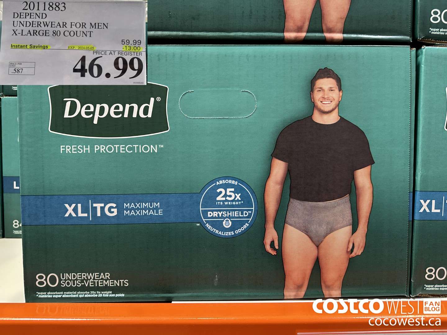 2011883 DEPEND UNDERWEAR FOR MEN X-LARGE 80 COUNT ($13.00 INSTANT SAVINGS EXPIRES ON 2024-05-05) $46.99