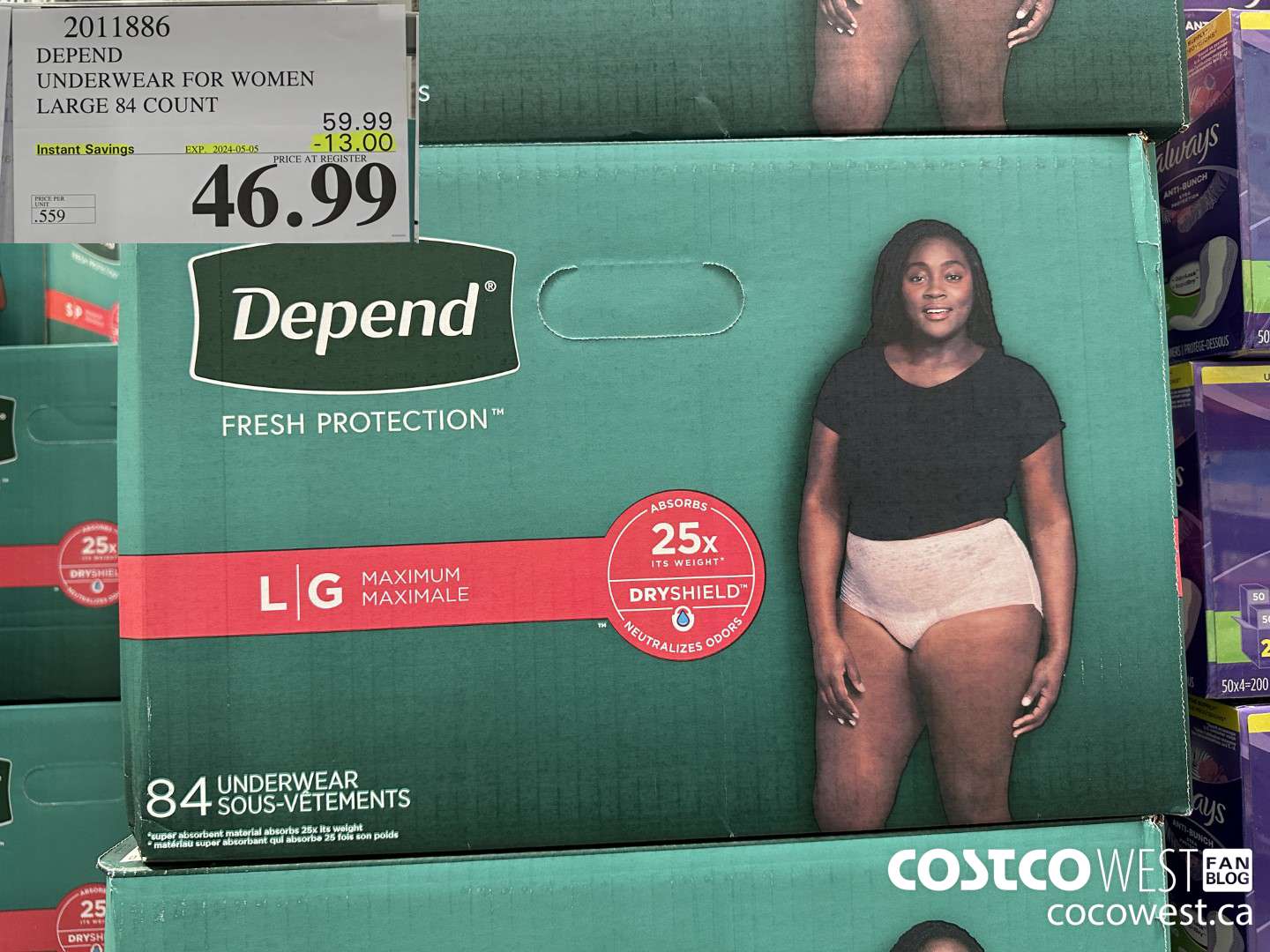 2011886 DEPEND UNDERWEAR FOR WOMEN LARGE 84 COUNT ($13.00 INSTANT SAVINGS EXPIRES ON 2024-05-05) $46.99
