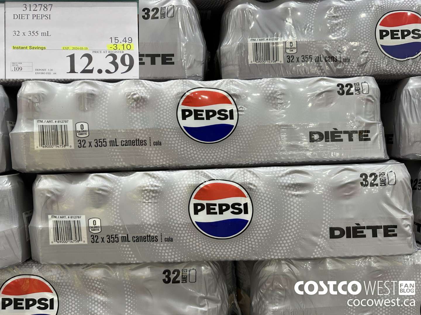 312787 DIET PEPSI 32 X 355 ML ($3.10 INSTANT SAVINGS EXPIRES ON 2024-05-19) $12.39