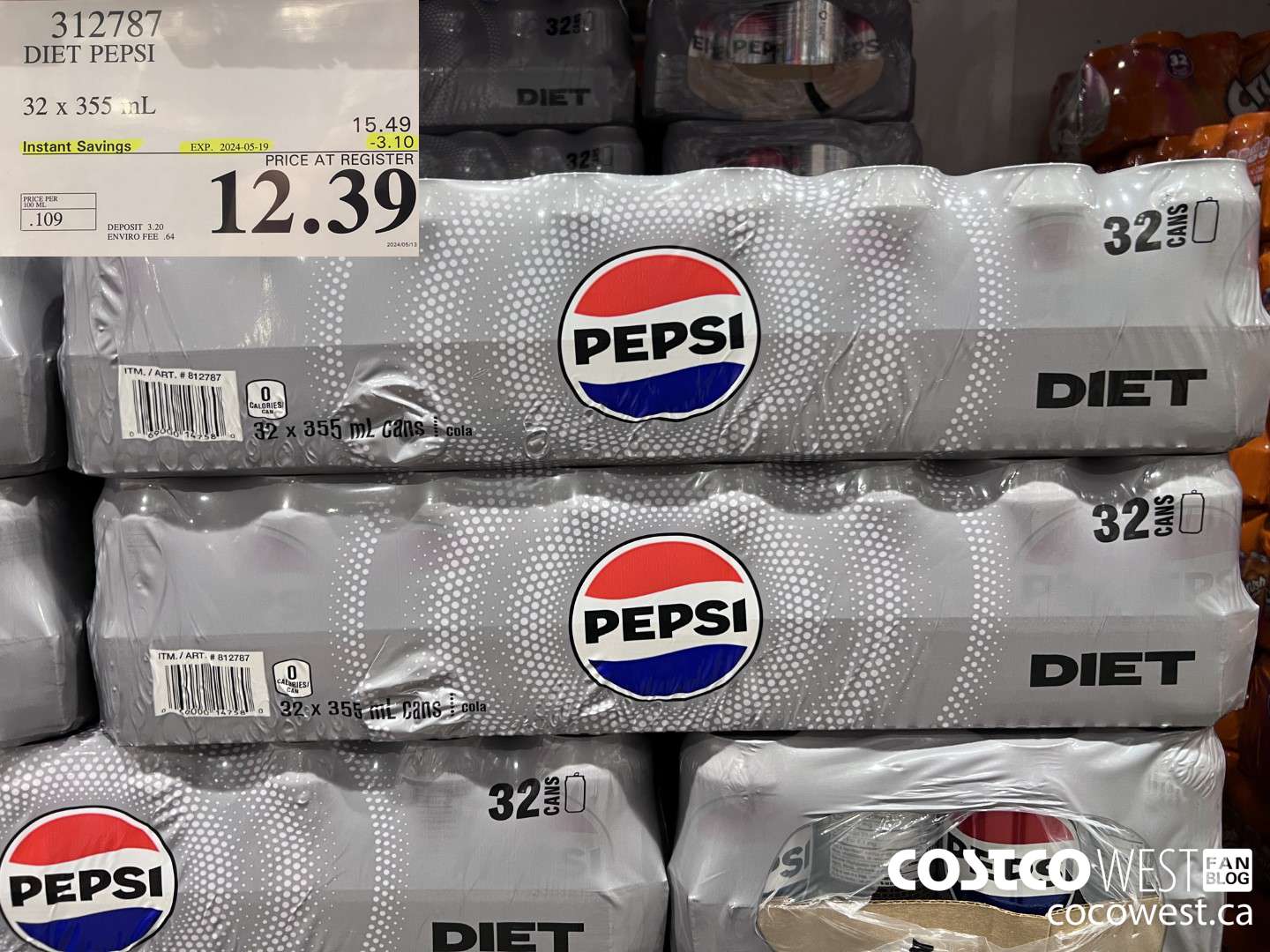 312787 DIET PEPSI 32 X 355 ML ($3.10 INSTANT SAVINGS EXPIRES ON 2024-05-19) $12.39