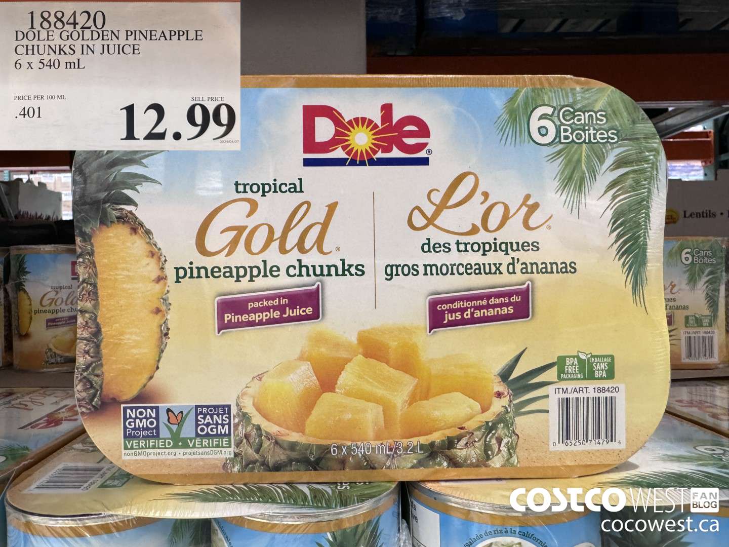 188420 DOLE GOLDEN PINEAPPLE CHUNKS IN JUICE 6 x 540 mL $12.99