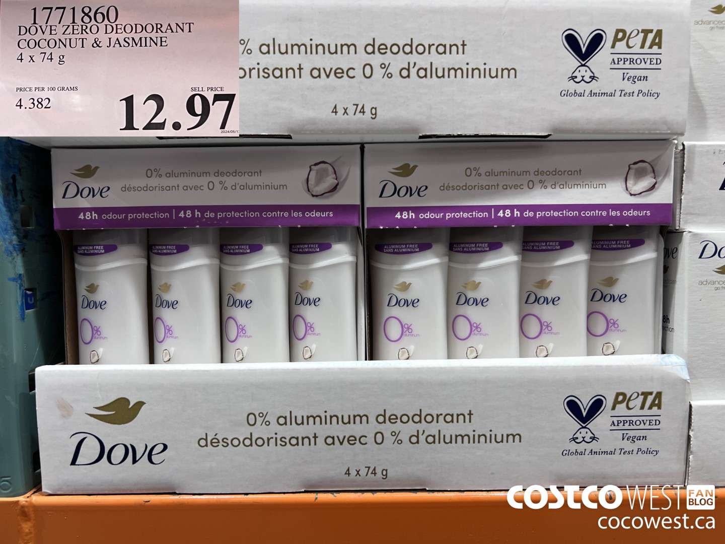 1771860 DOVE ZERO DEODORANT COCONUT & JASMINE 4 X 74G $12.97