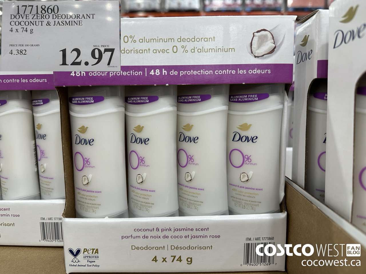1771860 DOVE ZERO DEODORANT COCONUT & JASMINE 4 X 74G $12.97