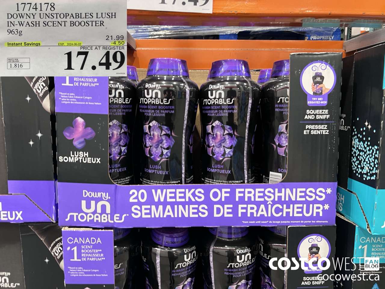 1774178 DOWNY UNSTOPABLES LUSH IN-WASH SCENT BOOSTER 963G ($4.50 INSTANT SAVINGS EXPIRES ON 2024-06-02) $17.49