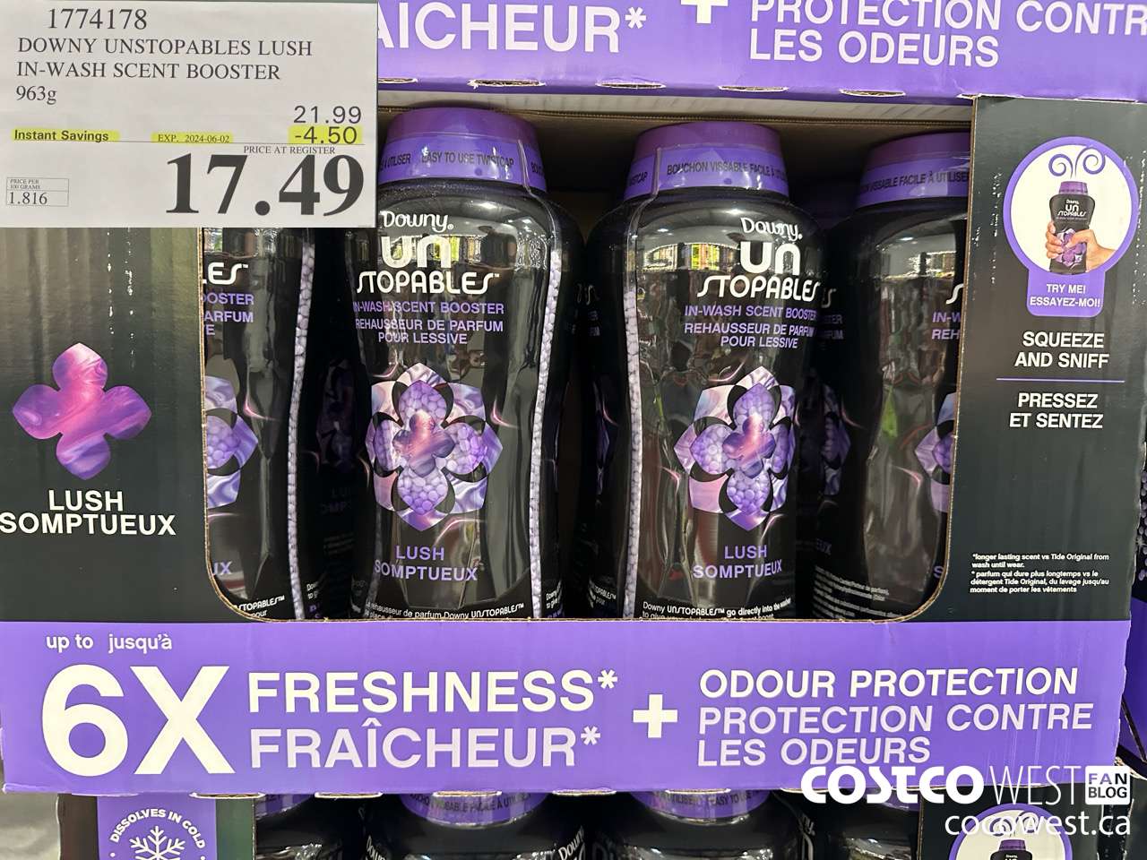 1774178 DOWNY UNSTOPABLES LUSH IN-WASH SCENT BOOSTER 963G ($4.50 INSTANT SAVINGS EXPIRES ON 2024-06-02) $17.49