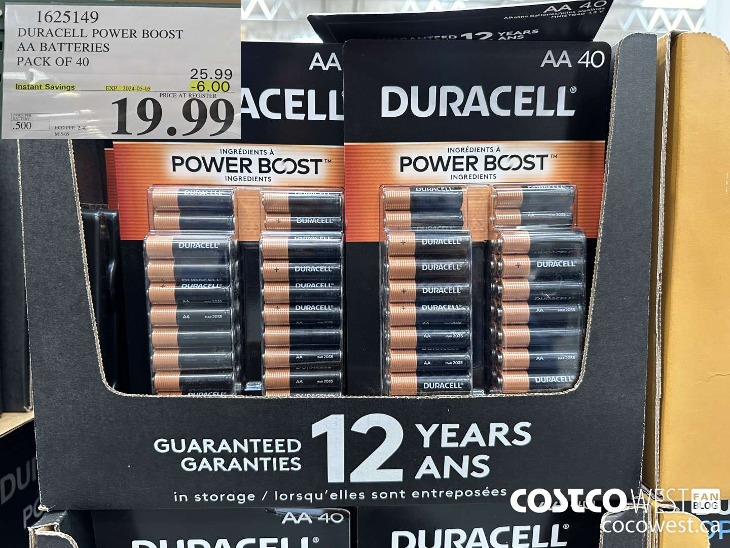 1625149 DURACELL POWER BOOST AA BATTERIES PACK OF 40 ($6.00 INSTANT SAVINGS EXPIRES ON 2024-05-05) $19.99