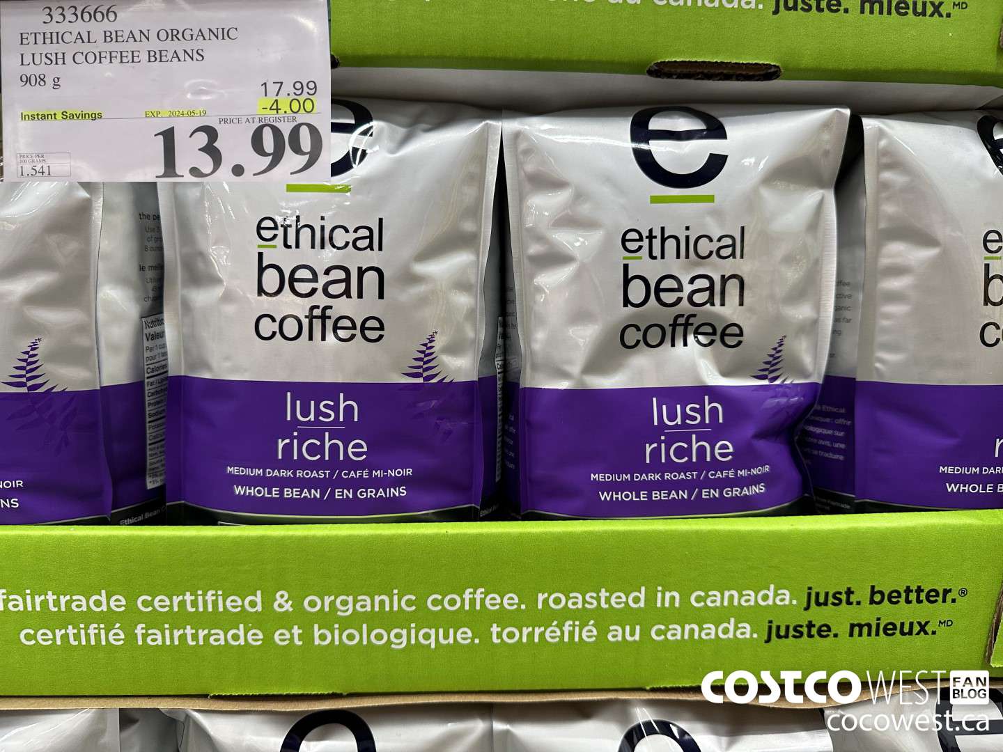 333666 ETHICAL BEAN ORGANIC LUSH COFFEE BEANS 908 g ($4.00 INSTANT SAVINGS EXPIRES ON 2024-05-29) $13.99