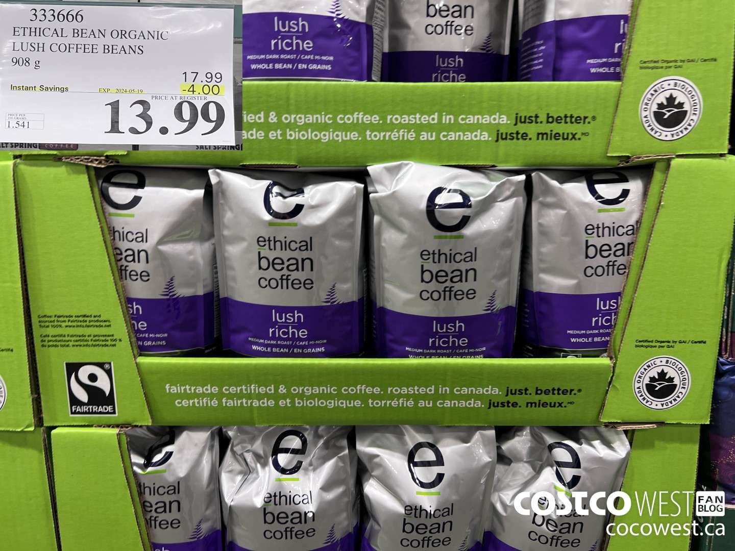 333666 ETHICAL BEAN ORGANIC LUSH COFFEE BEANS 908 g ($4.00 INSTANT SAVINGS EXPIRES ON 2024-05-19) $13.99