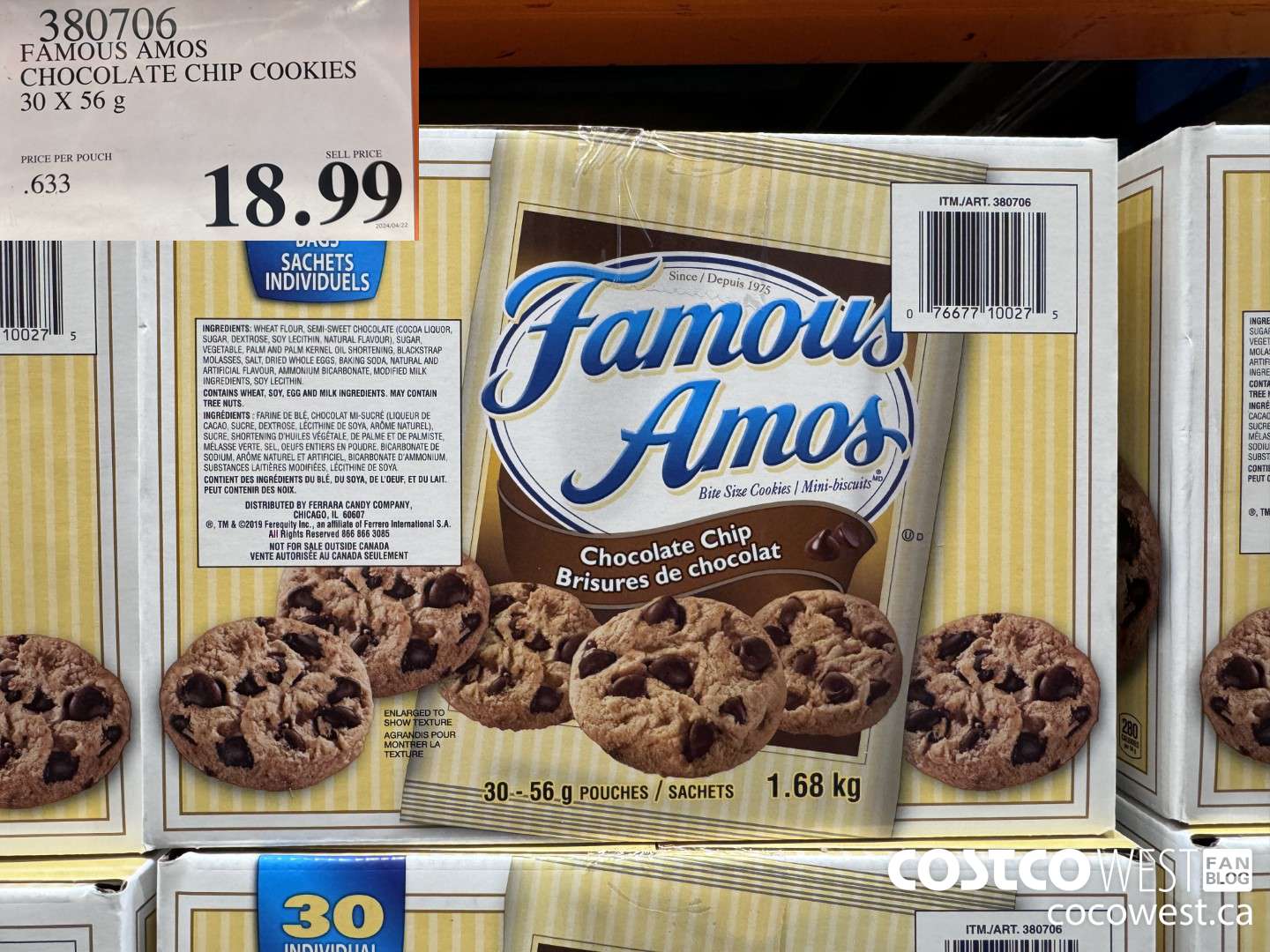380706 FAMOUS AMOS CHOCOLATE CHIP COOKIES 30 X 56 g $18.99