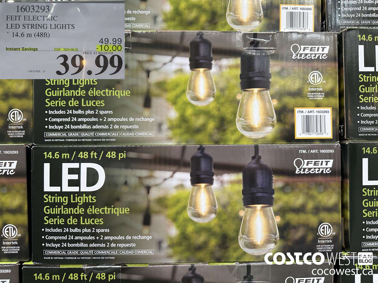 1603293 FEIT ELECTRIC LED STRING LIGHTS 14.6 M (48FT) ($10.00 INSTANT SAVINGS EXPIRES ON 2024-06-02) $39.99