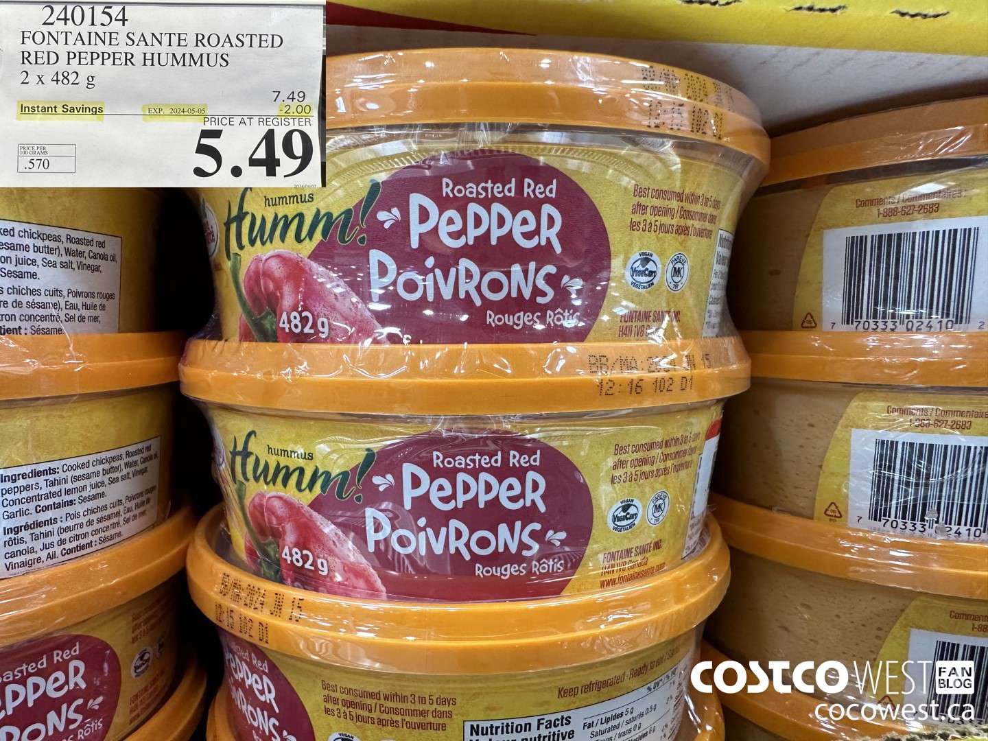 240154 FONTAINE SANTE ROASTED RED PEPPER HUMMUS 2 X 482 G ($2.00 INSTANT SAVINGS EXPIRES ON 2024-05-05) $5.49