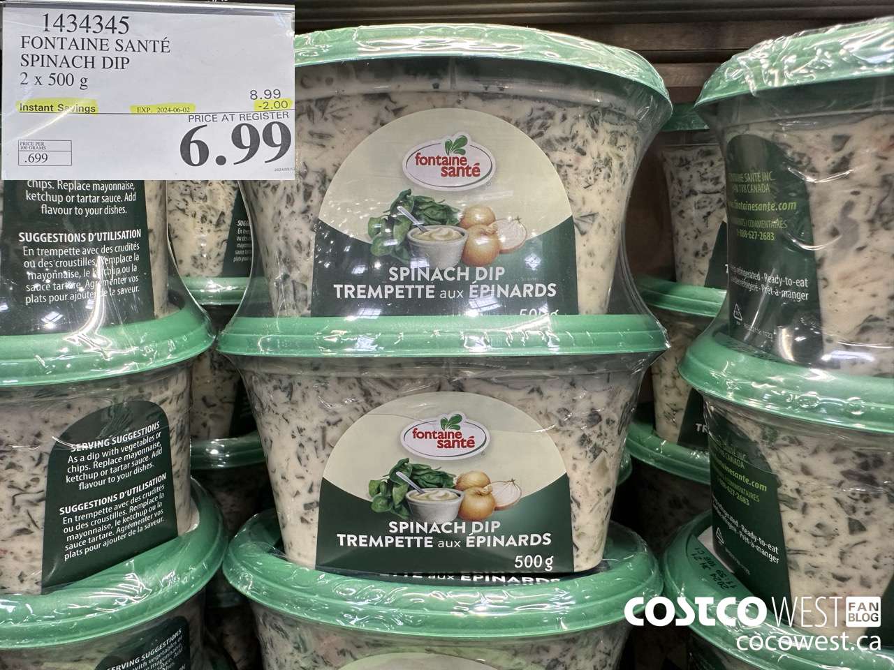 1434345 FONTAINE SANTE SPINACH DIP 2 X 500 G ($2.00 INSTANT SAVINGS EXPIRES ON 2024-06-02) $6.99