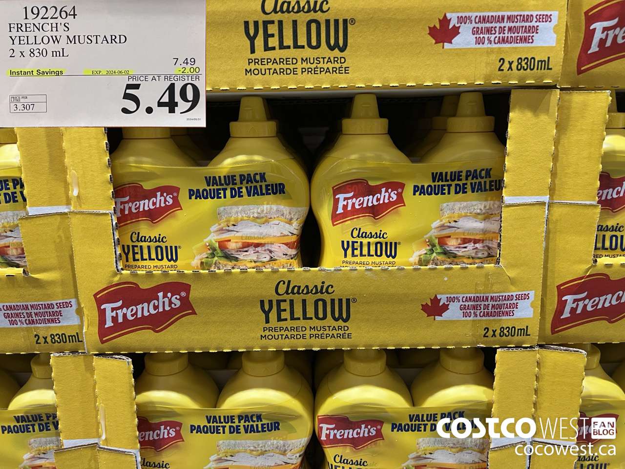 192264 FRENCH'S YELLOW MUSTARD 2 x 830 mL ($2.00 INSTANT SAVINGS EXPIRES ON 2024-06-02) $5.49