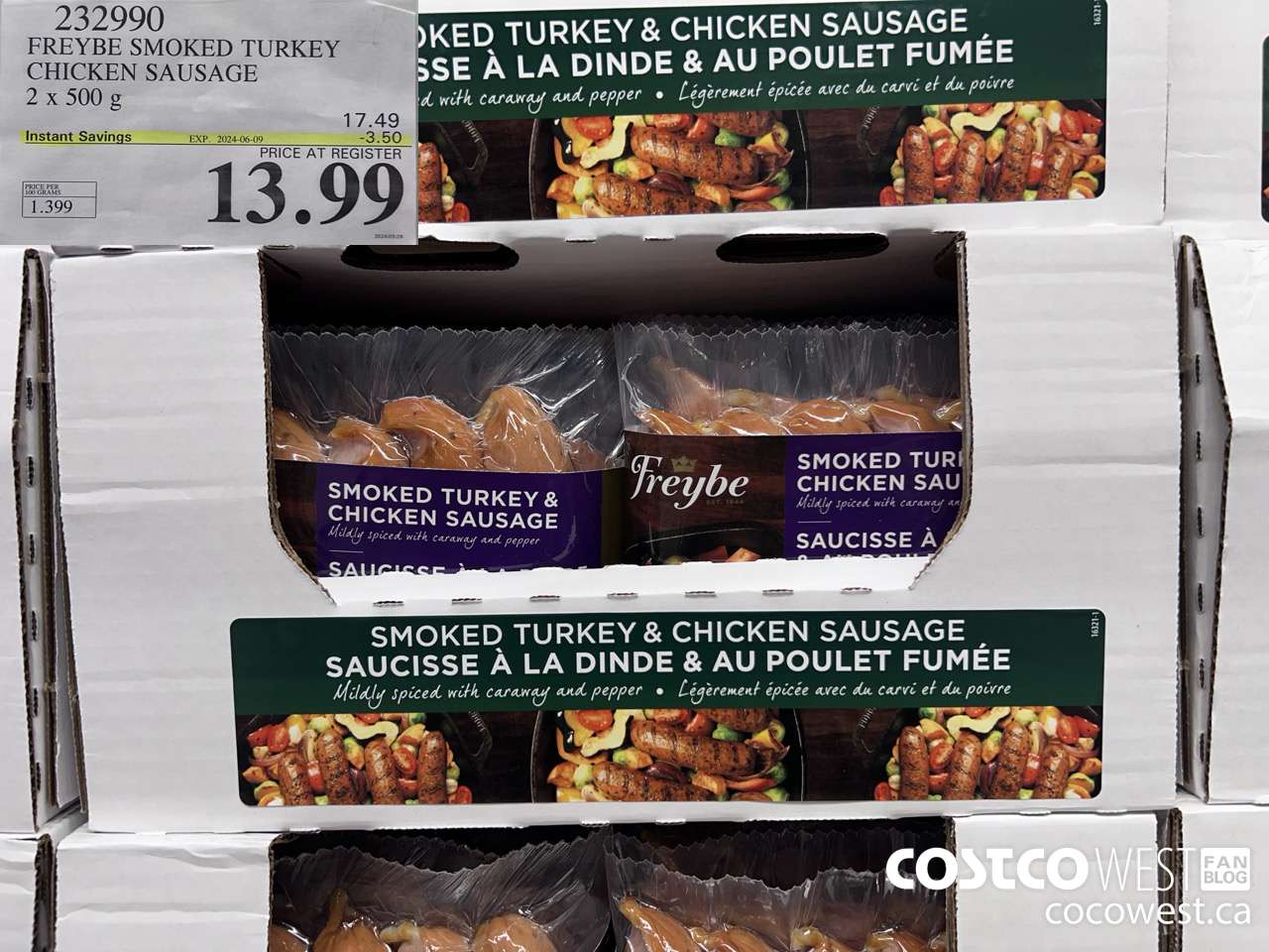 232990 FREYBE SMOKED TURKEY CHICKEN SAUSAGE 2 x 500 g ($3.50 INSTANT SAVINGS EXPIRES ON 2024-06-09) $13.99