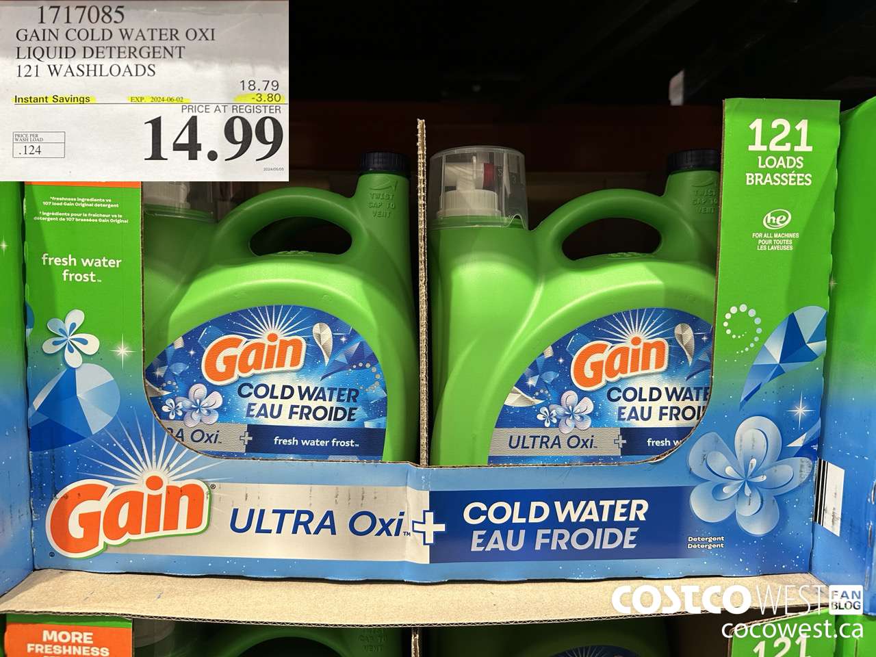 1717085 GAIN COLD WATER OXI LIQUID DETERGENT 121 WASHLOADS ($3.80 INSTANT SAVINGS EXPIRES ON 2024-06-02) $14.99