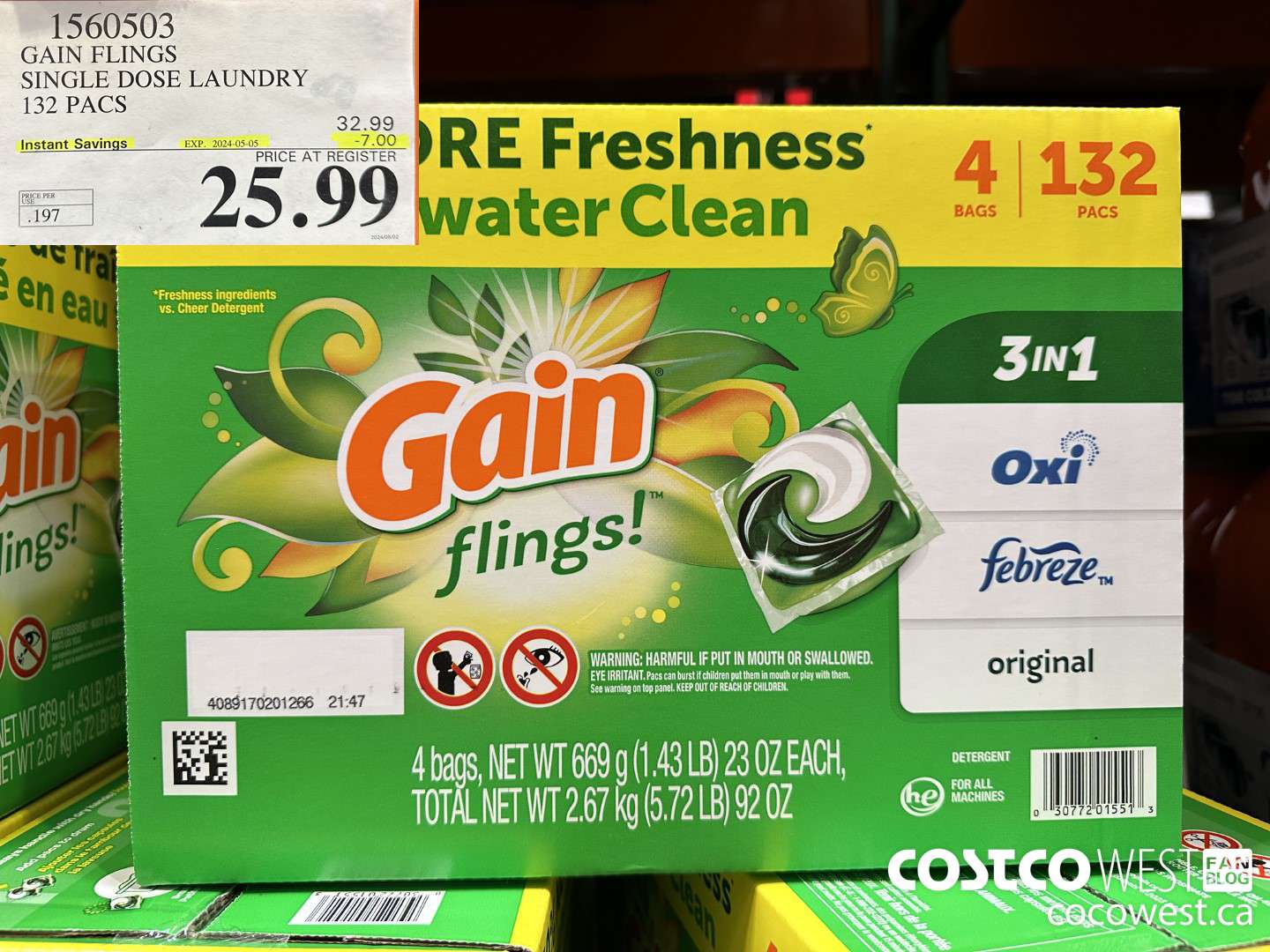 1560503 GAIN FLINGS SINGLE DOSE LAUNDRY 132 pacs ($7.00 INSTANT SAVINGS EXPIRES ON 2024-05-05) $25.99
