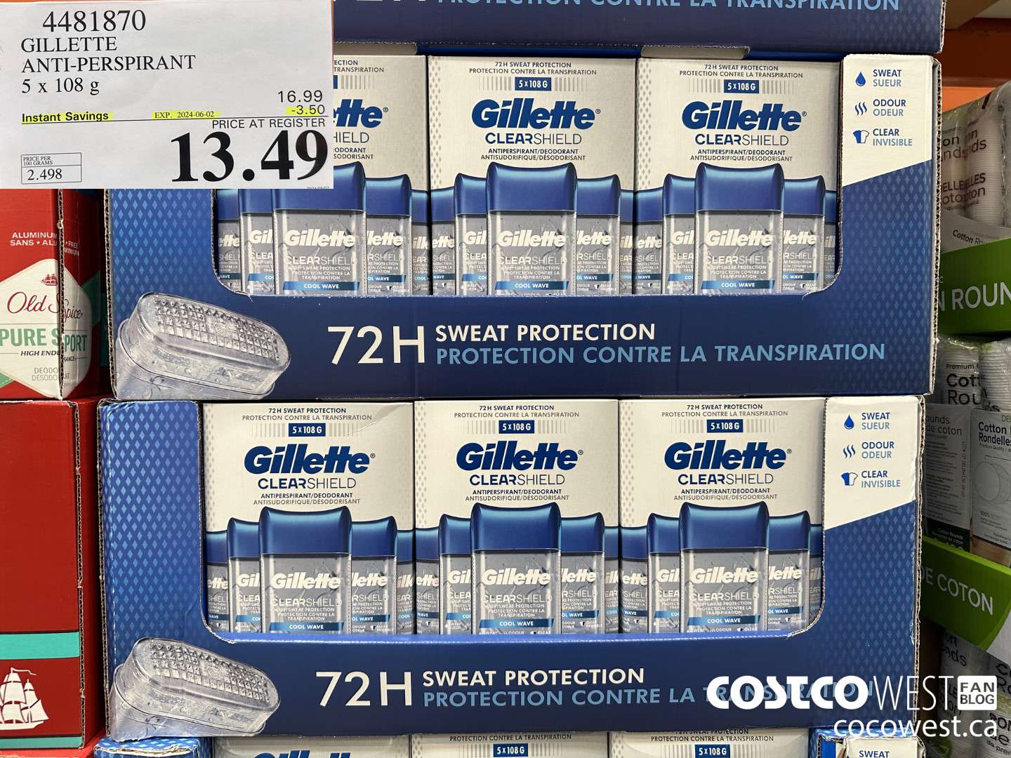 4481870 GILLETTE ANTI-PERSPIRANT 5 x 108 g ($3.50 INSTANT SAVINGS EXPIRES ON 2024-06-02) $13.49