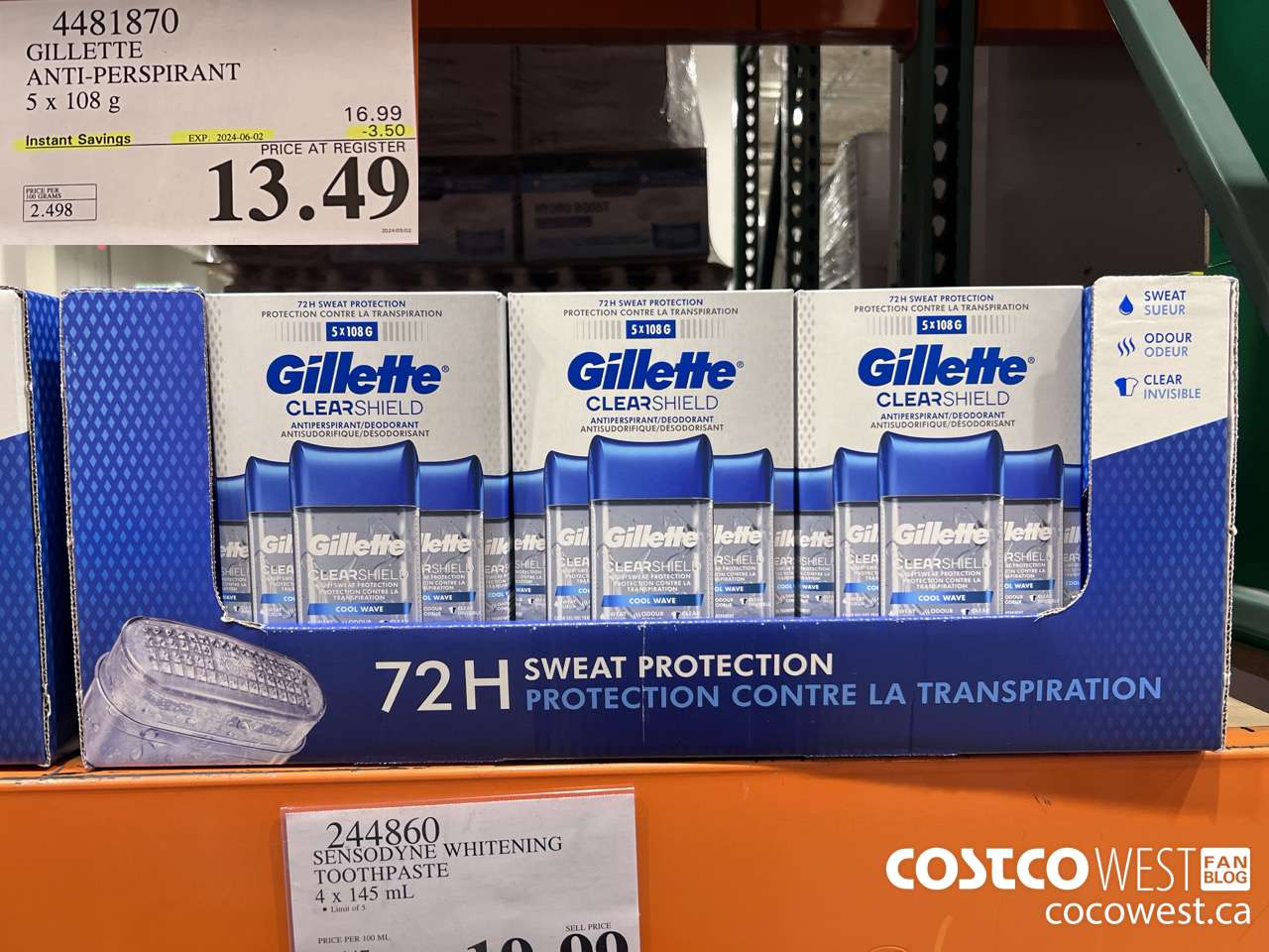 4481870 GILLETTE ANTI-PERSPIRANT 5 x 108 g ($3.50 INSTANT SAVINGS EXPIRES ON 2024-06-02) $13.49