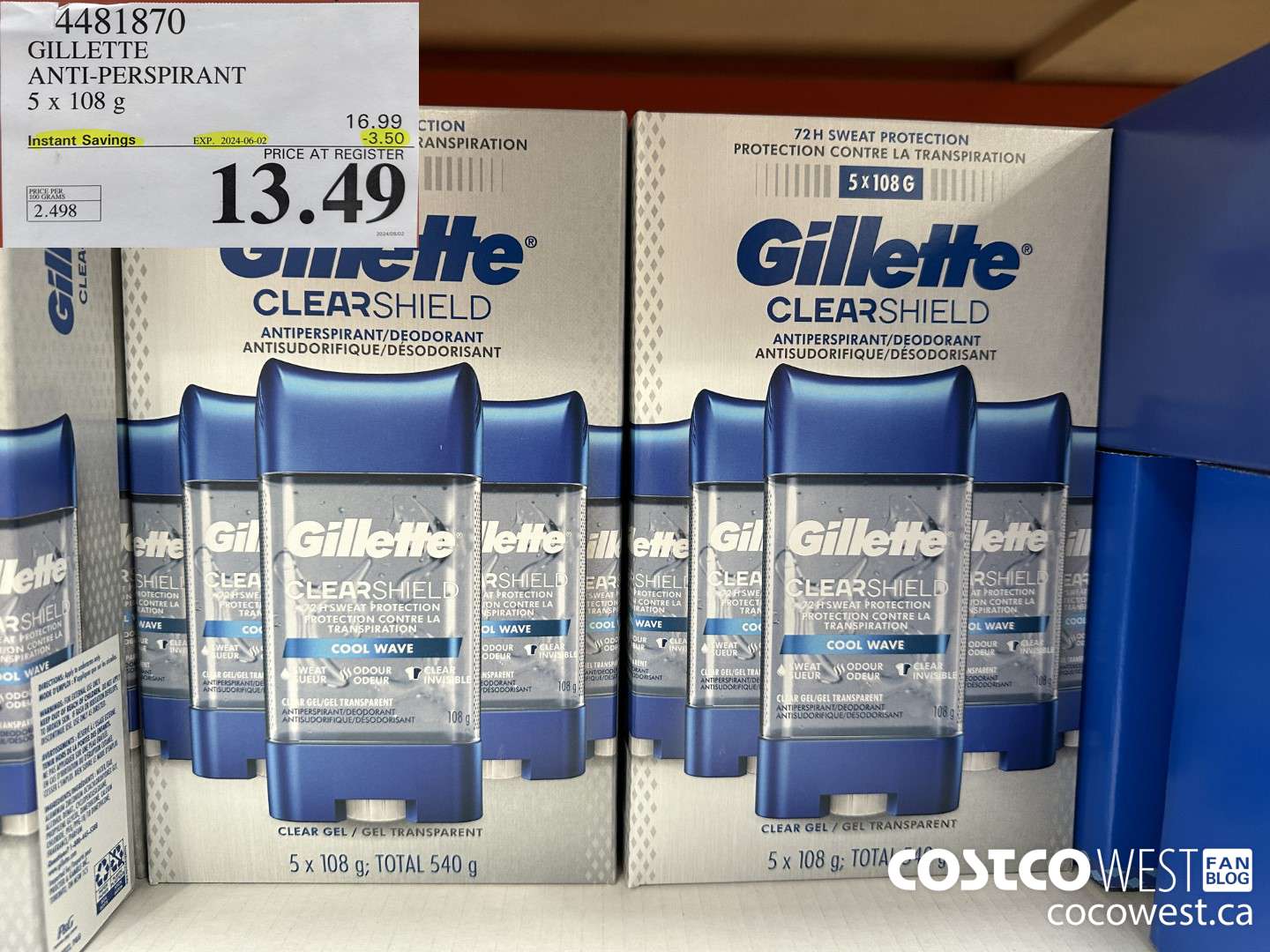 4481870 GILLETTE ANTI-PERSPIRANT 5 x 108 g ($3.50 INSTANT SAVINGS EXPIRES ON 2024-06-02) $13.49