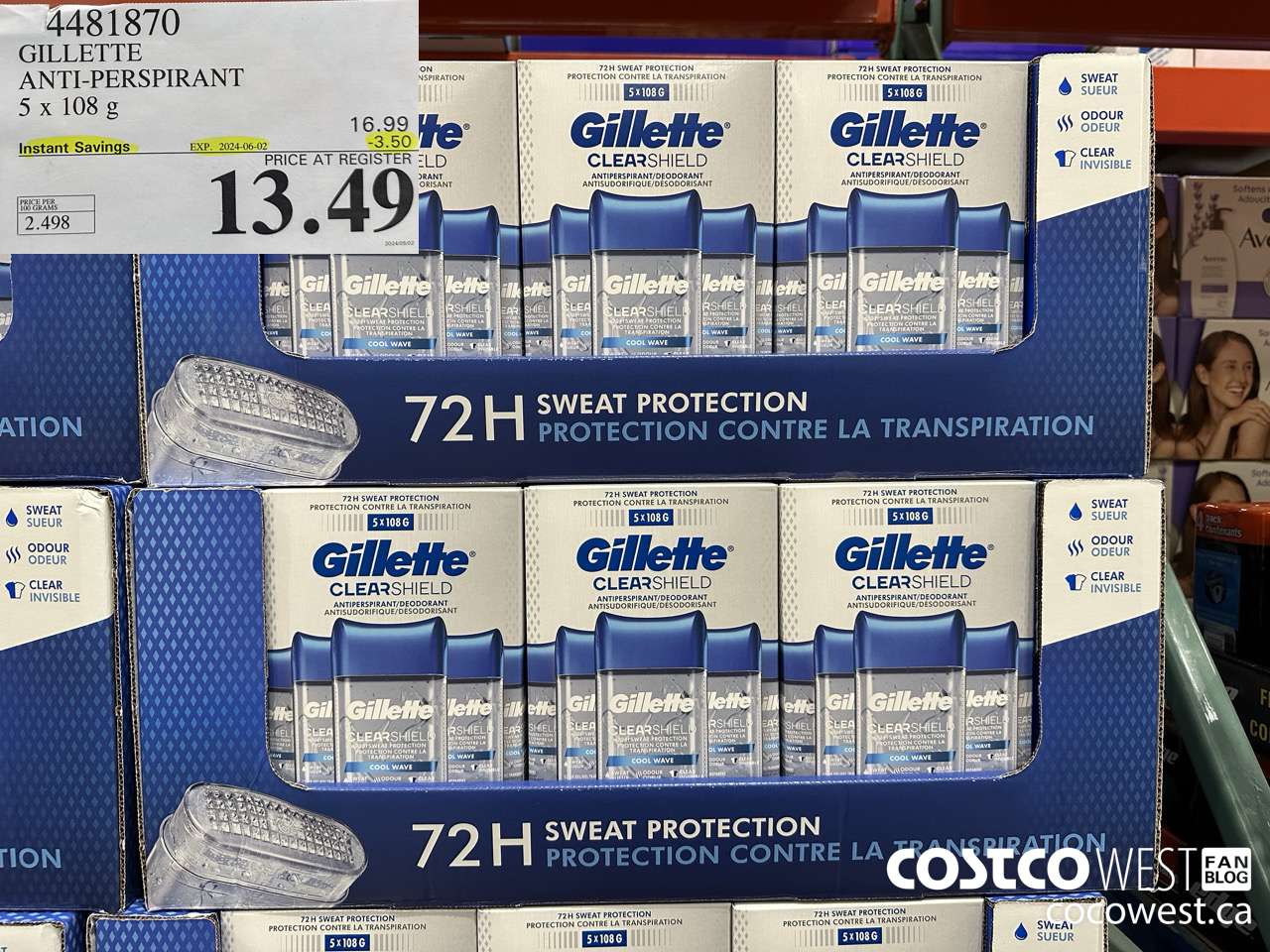 4481870 GILLETTE ANTI-PERSPIRANT 5 x 108 g ($3.50 INSTANT SAVINGS EXPIRES ON 2024-06-02) $13.49