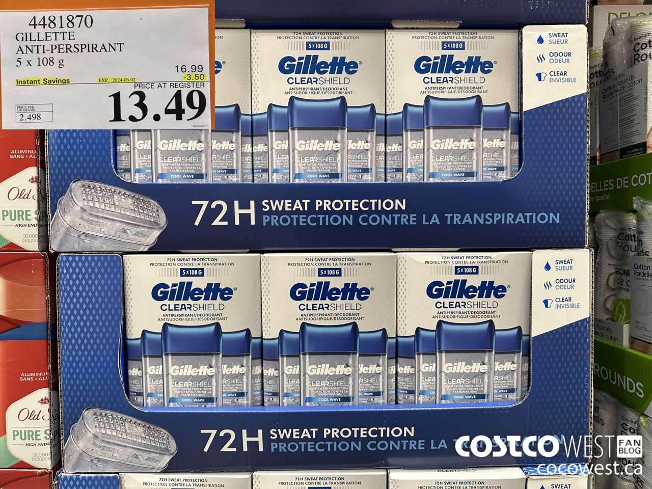 4481870 GILLETTE ANTI-PERSPIRANT 5 x 108 g ($3.50 INSTANT SAVINGS EXPIRES ON 2024-06-02) $13.49