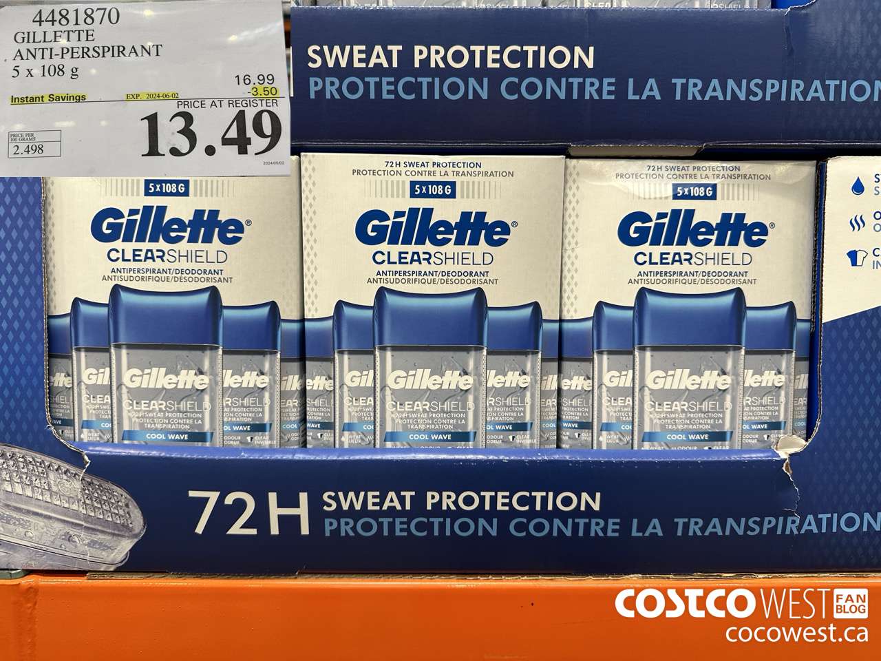 4481870 GILLETTE ANTI-PERSPIRANT 5 x 108 g ($3.50 INSTANT SAVINGS EXPIRES ON 2024-06-02) $13.49
